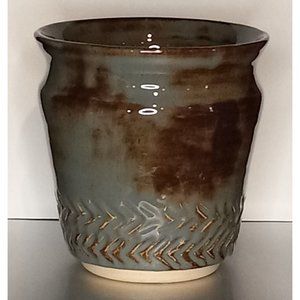Artist Signed Studio Pottery Arrow Design Vase‎ Pot Planter Vessel Glazed Boho